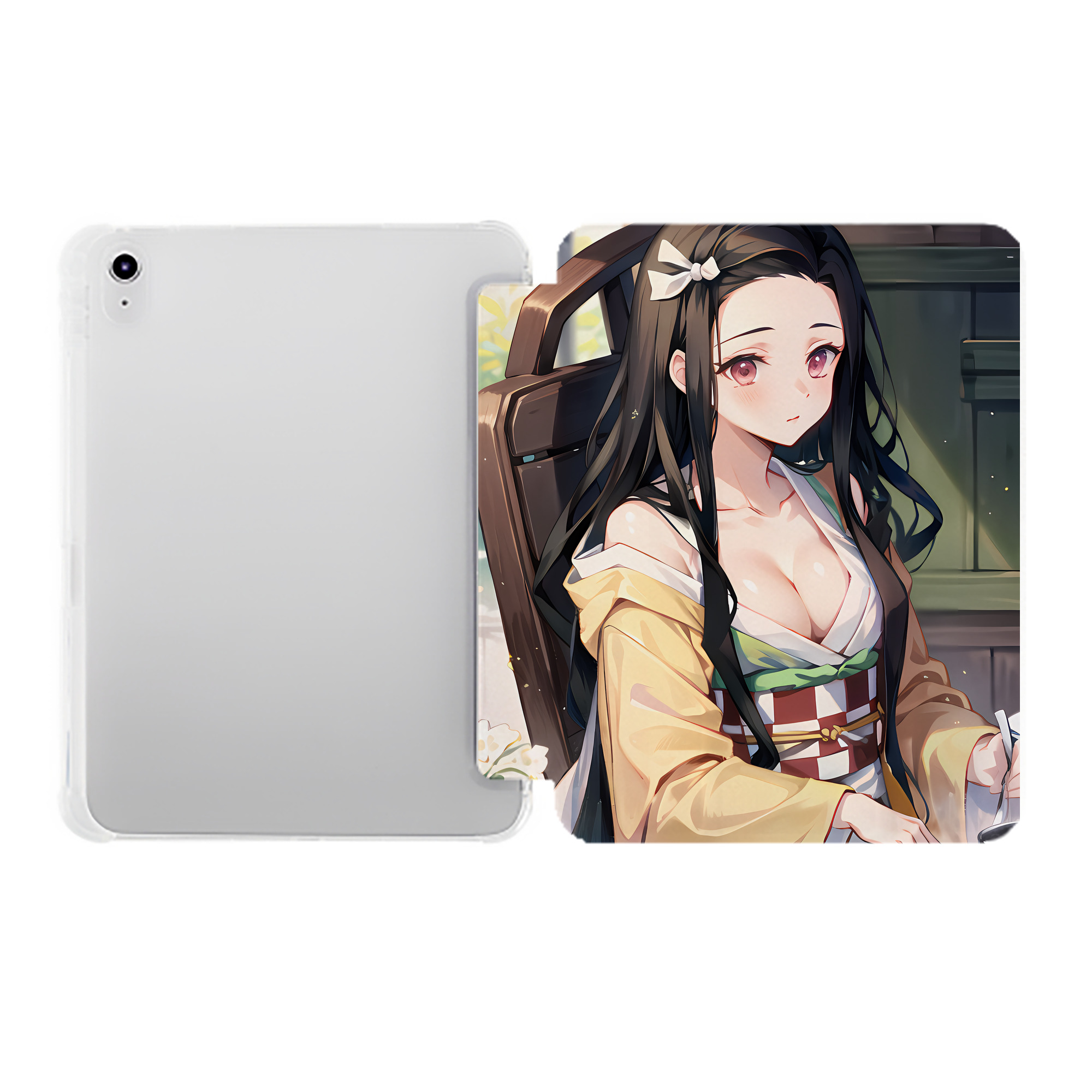 （画像用） 鬼滅の刃（きめつのやいば）竈門 禰󠄀豆子／かまど ねずこ Kamado Nezuko IPad ケース ペン収納付き 三つ折りスタンド PUレザー×シリコン 対応機種9.5/10.5/10.9インチ